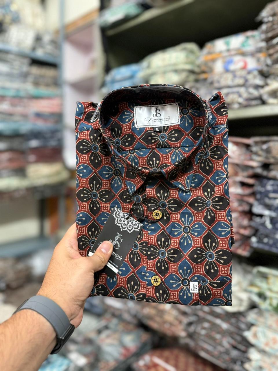 Geometric Floral Printed Mens Half Sleeves Cotton Shirt