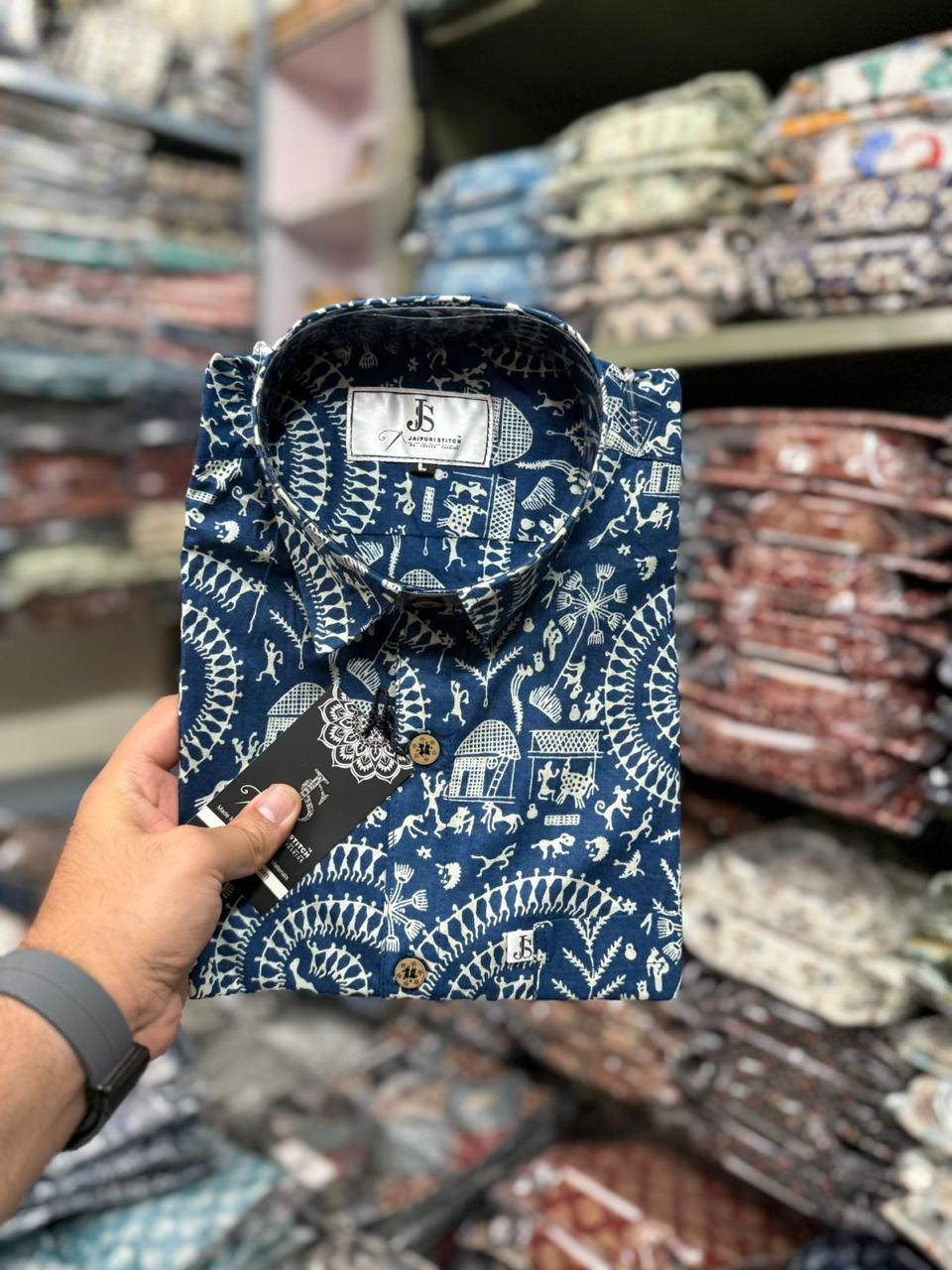 Blue Warli Spiral Printed Mens Half Sleeves Cotton Shirt