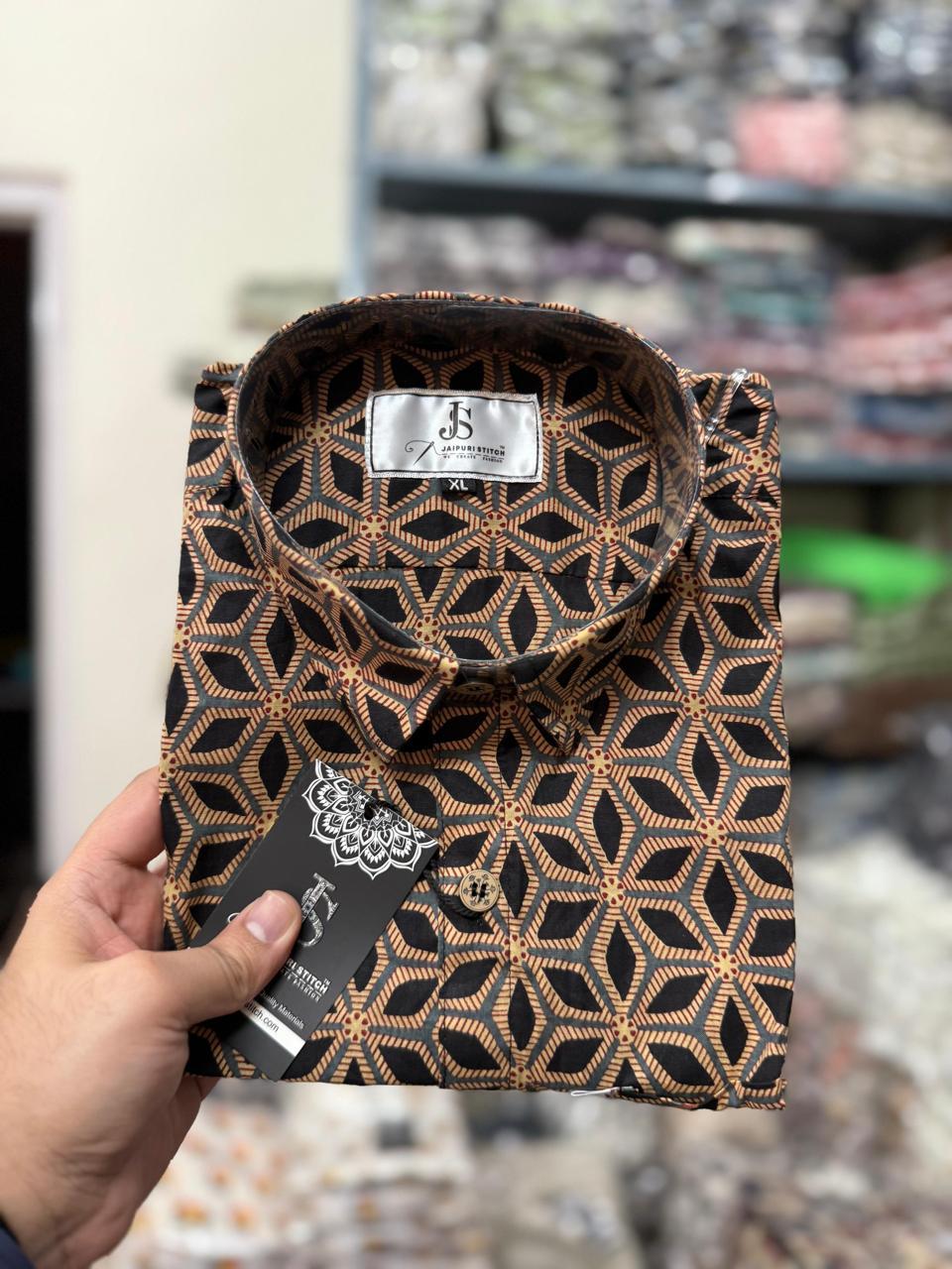 Golden Lattice Printed Mens Half Sleeves Cotton Shirt