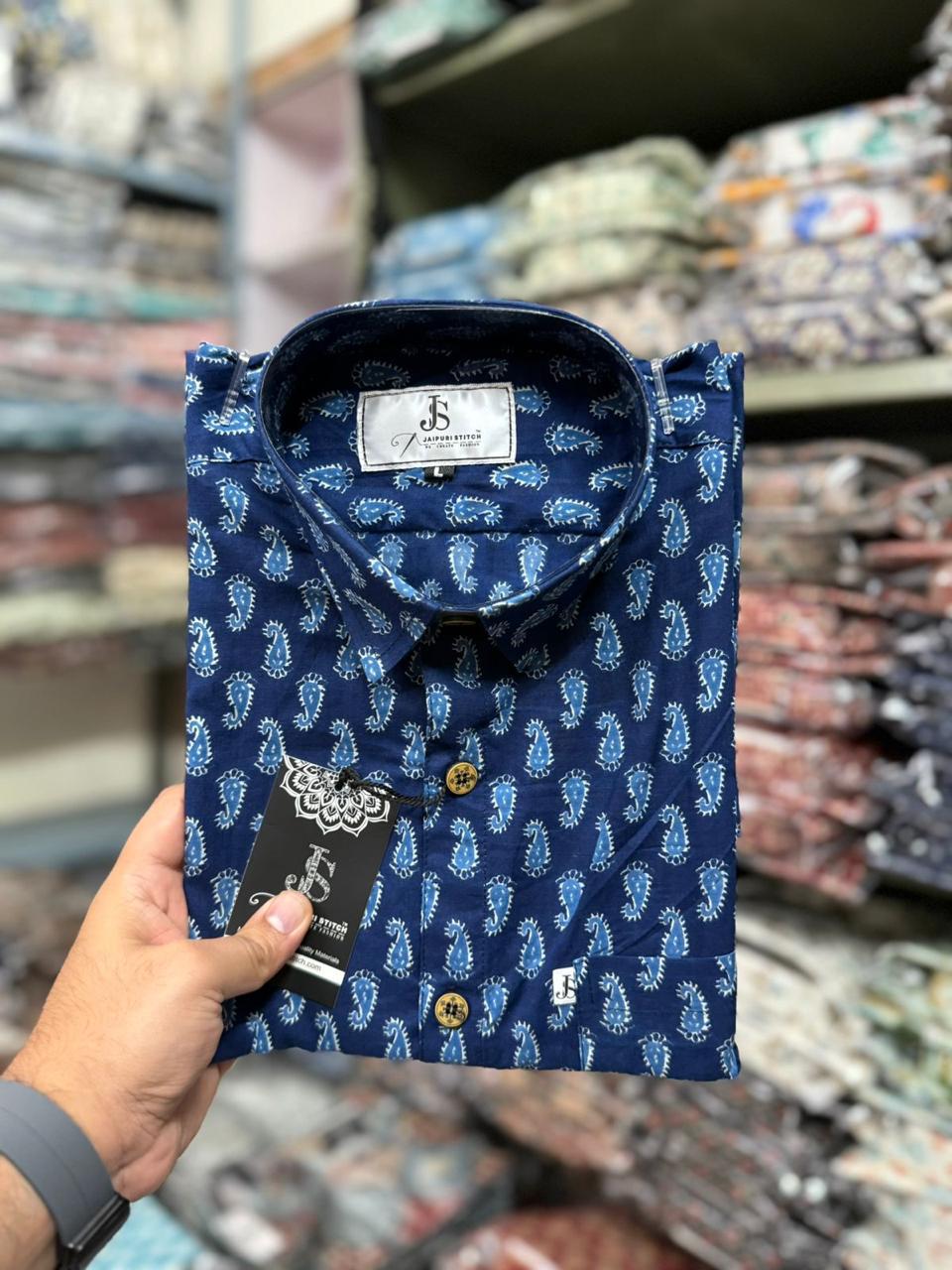 Blue Hand Motif Printed Mens Half Sleeves Cotton Shirt