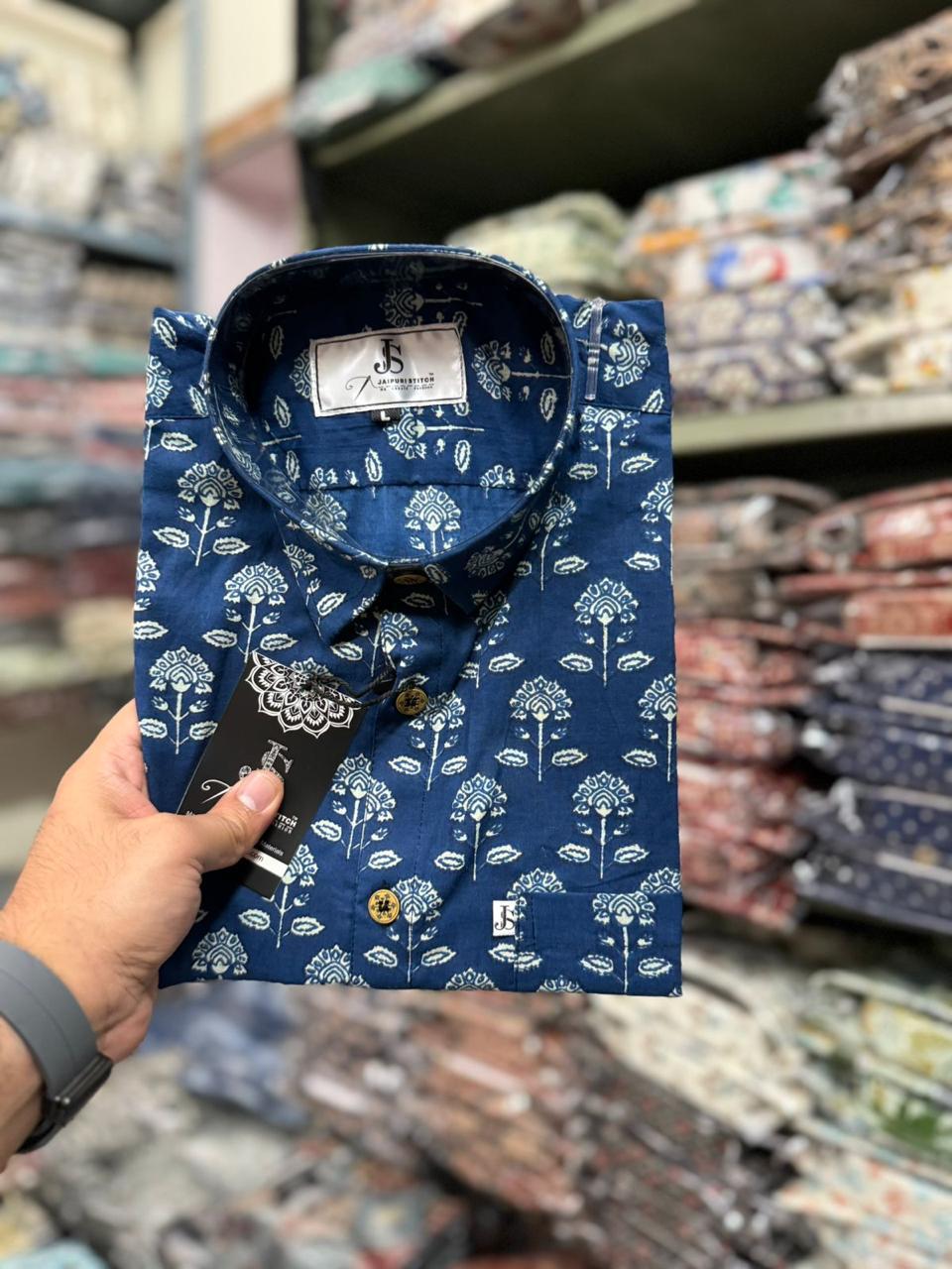 Blue Tree Motif Printed Mens Half Sleeves Cotton Shirt