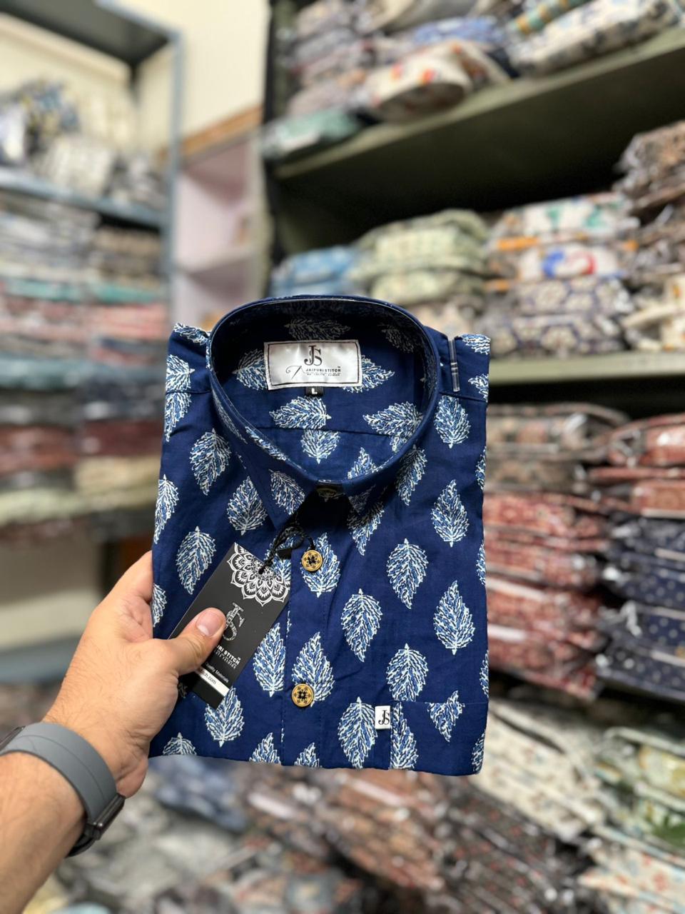 Blue Leaf Motif Printed Mens Half Sleeves Cotton Shirt