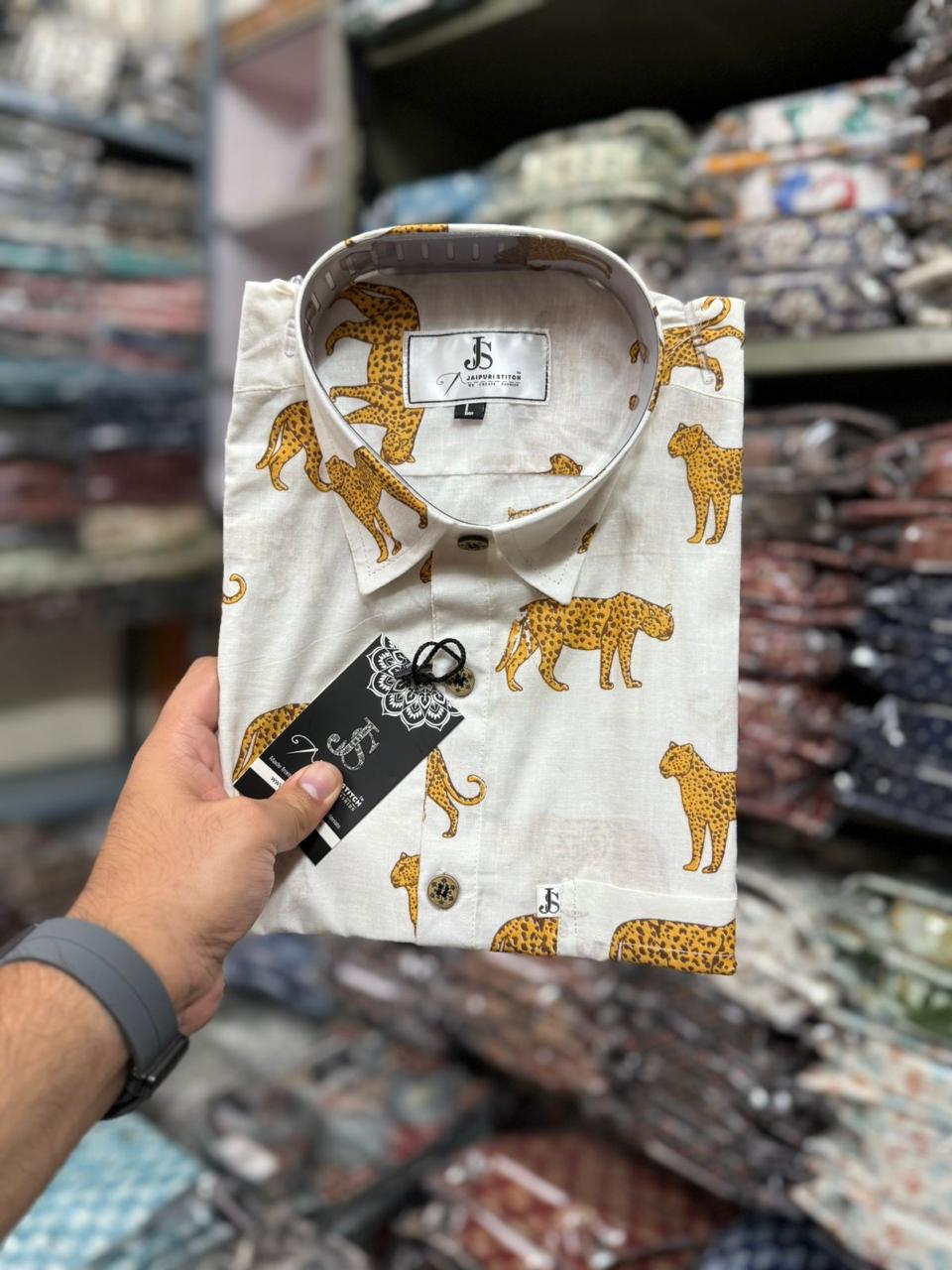 White Cheetah Printed Mens Half Sleeves Cotton Shirt