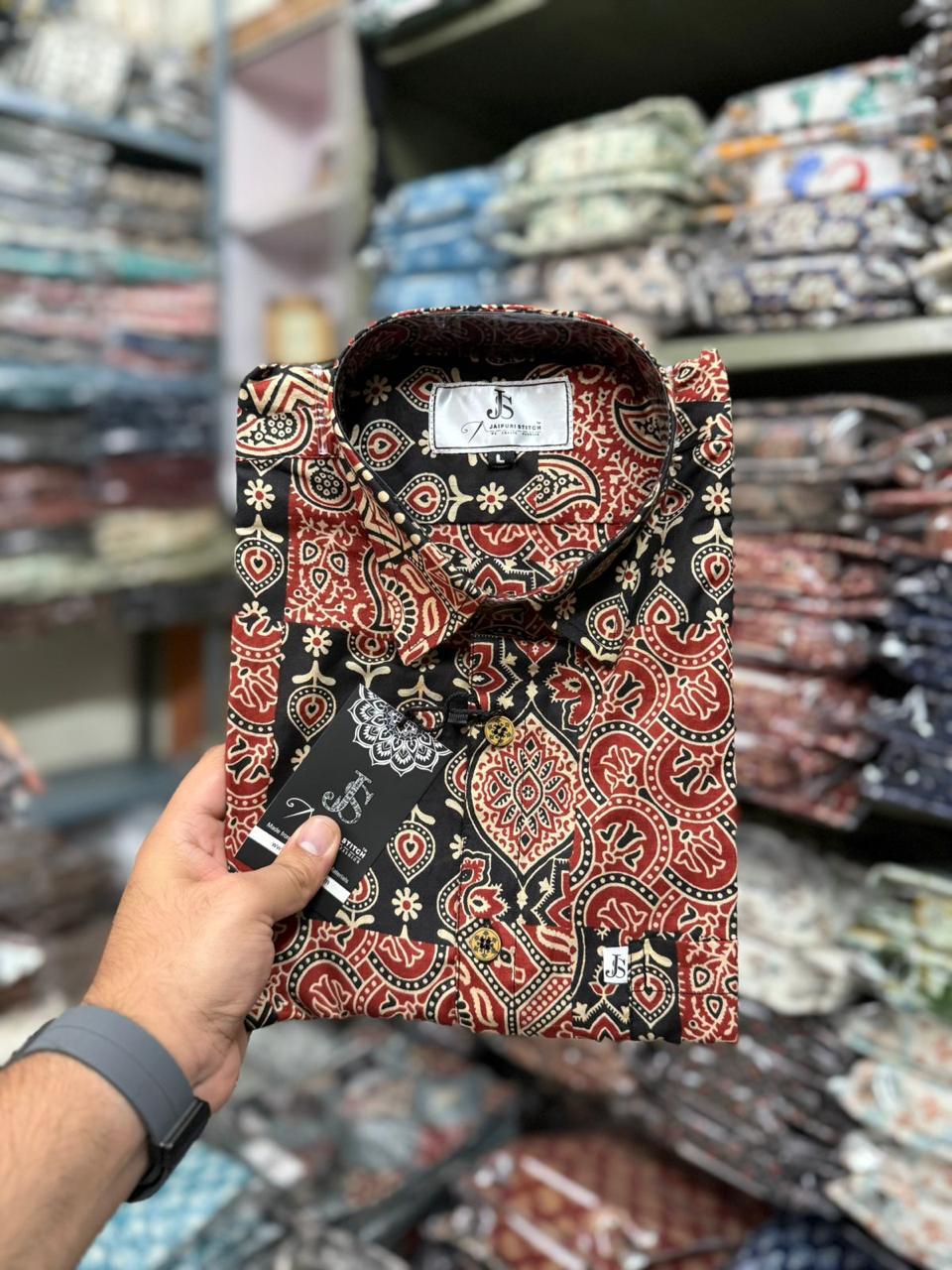 Red Ajrakh Patchwork Printed Mens Half Sleeves Cotton Shirt