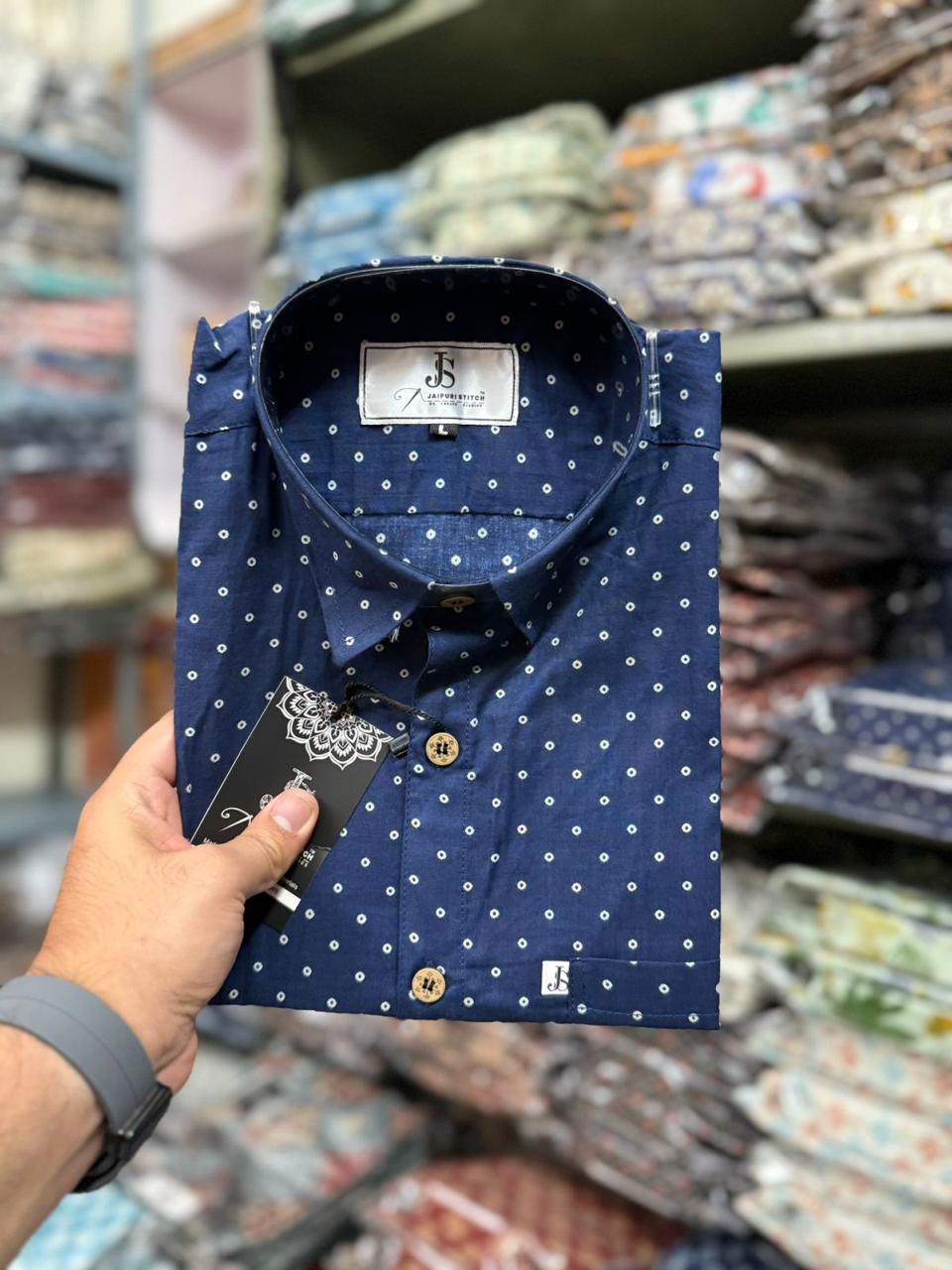 Navy Blue Polka Dot Printed Mens Half Sleeves Cotton Shirt