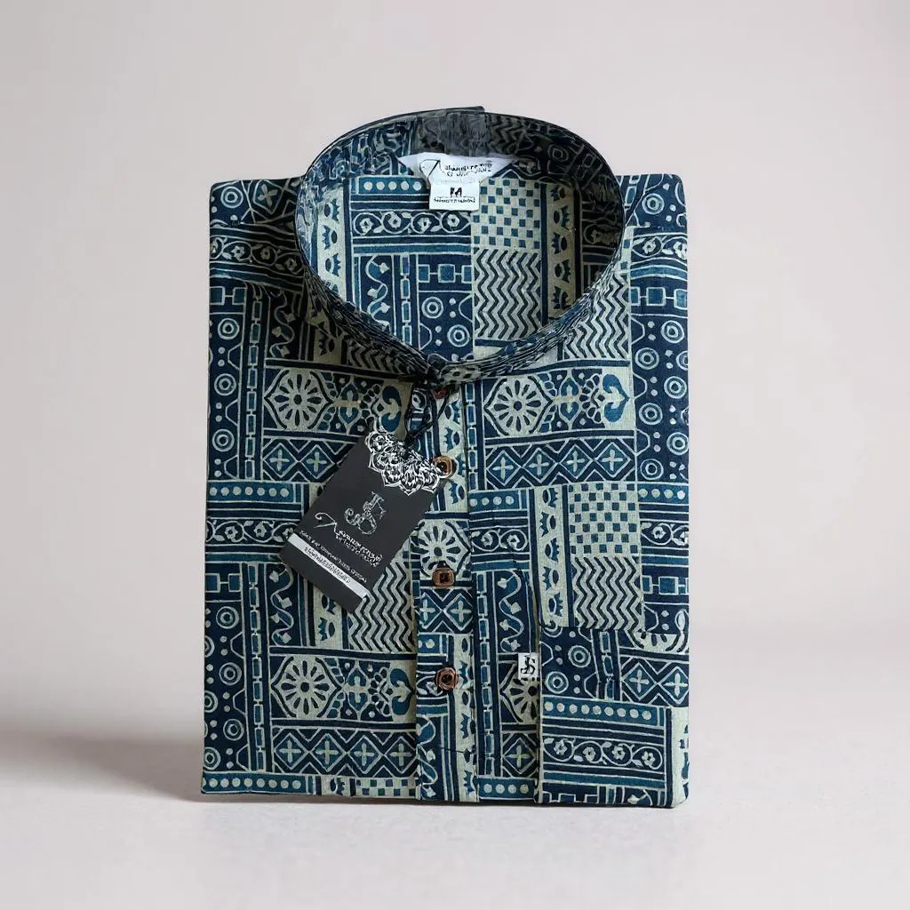 Indigo Geometric Dabu Block Printed Full Sleeves Short Kurta for Men