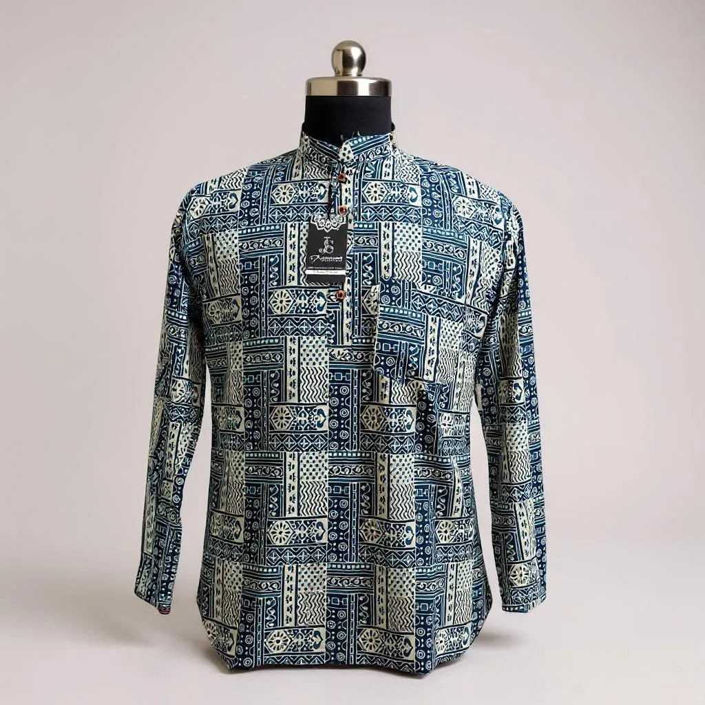 Indigo Geometric Dabu Block Printed Full Sleeves Short Kurta for Men