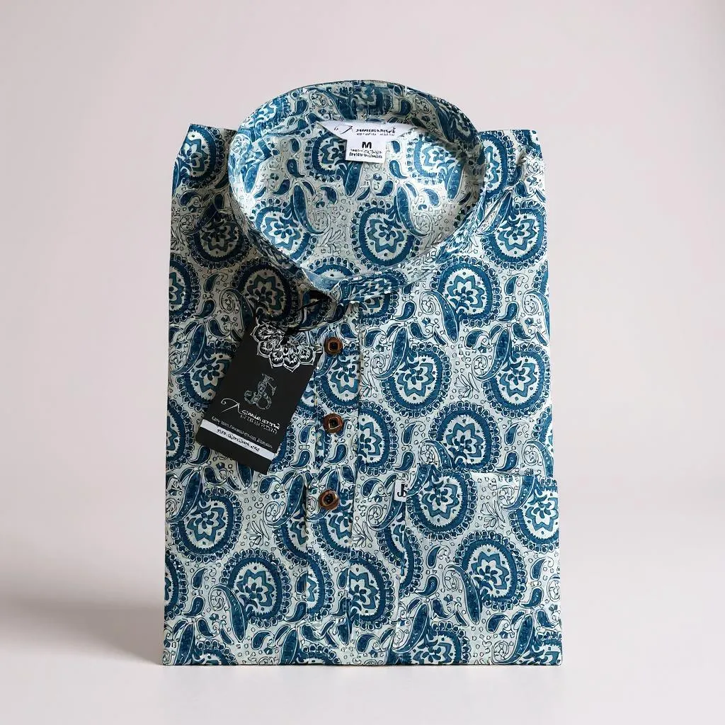 Blue Dabu-Inspired Booti Print Full Sleeves Short Kurta for Men