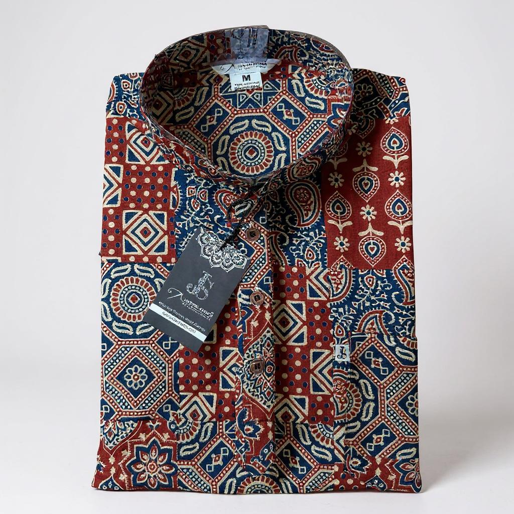 Multicolor Ajrak Patchwork Printed Full Sleeves Short Kurta for Men