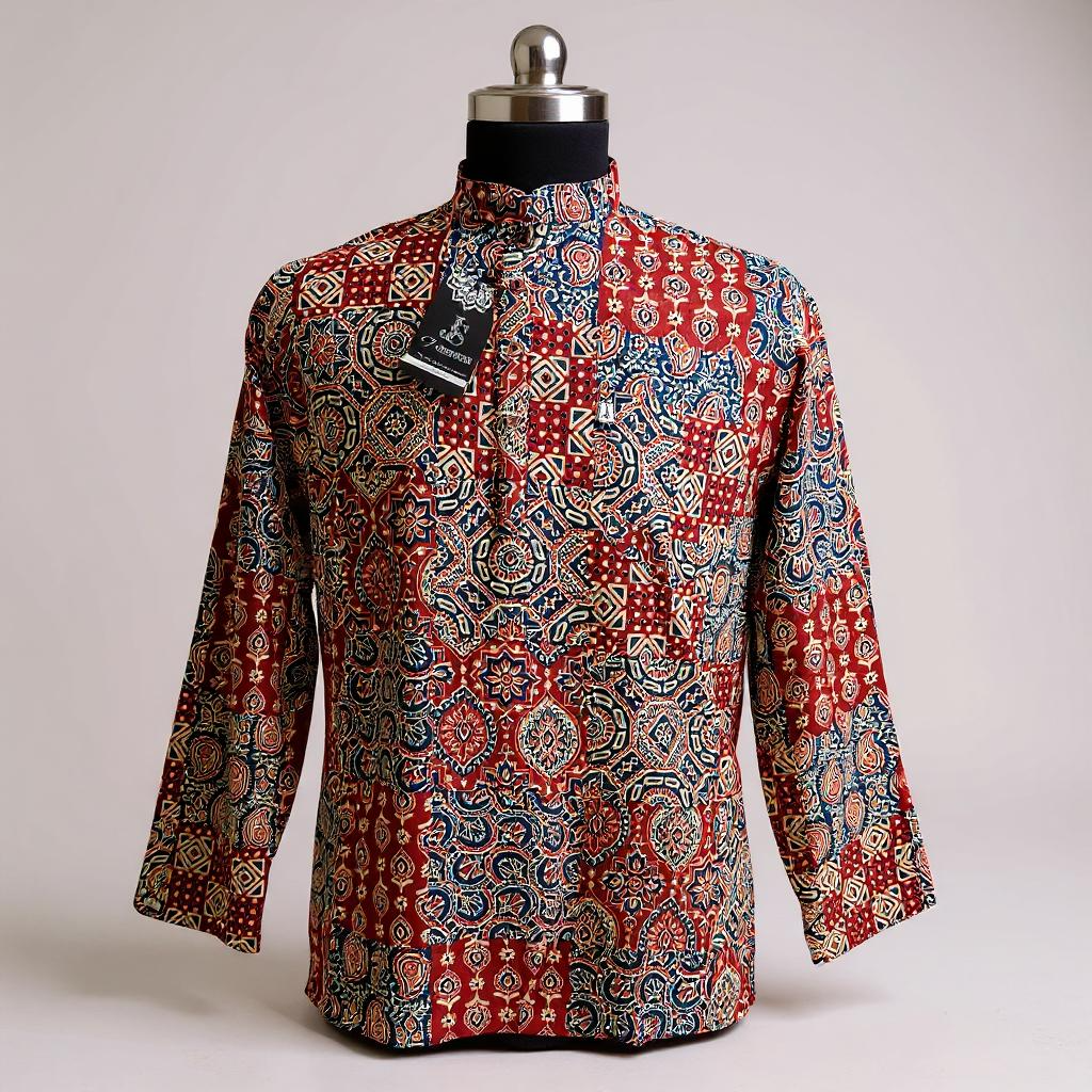 Multicolor Ajrak Patchwork Printed Full Sleeves Short Kurta for Men