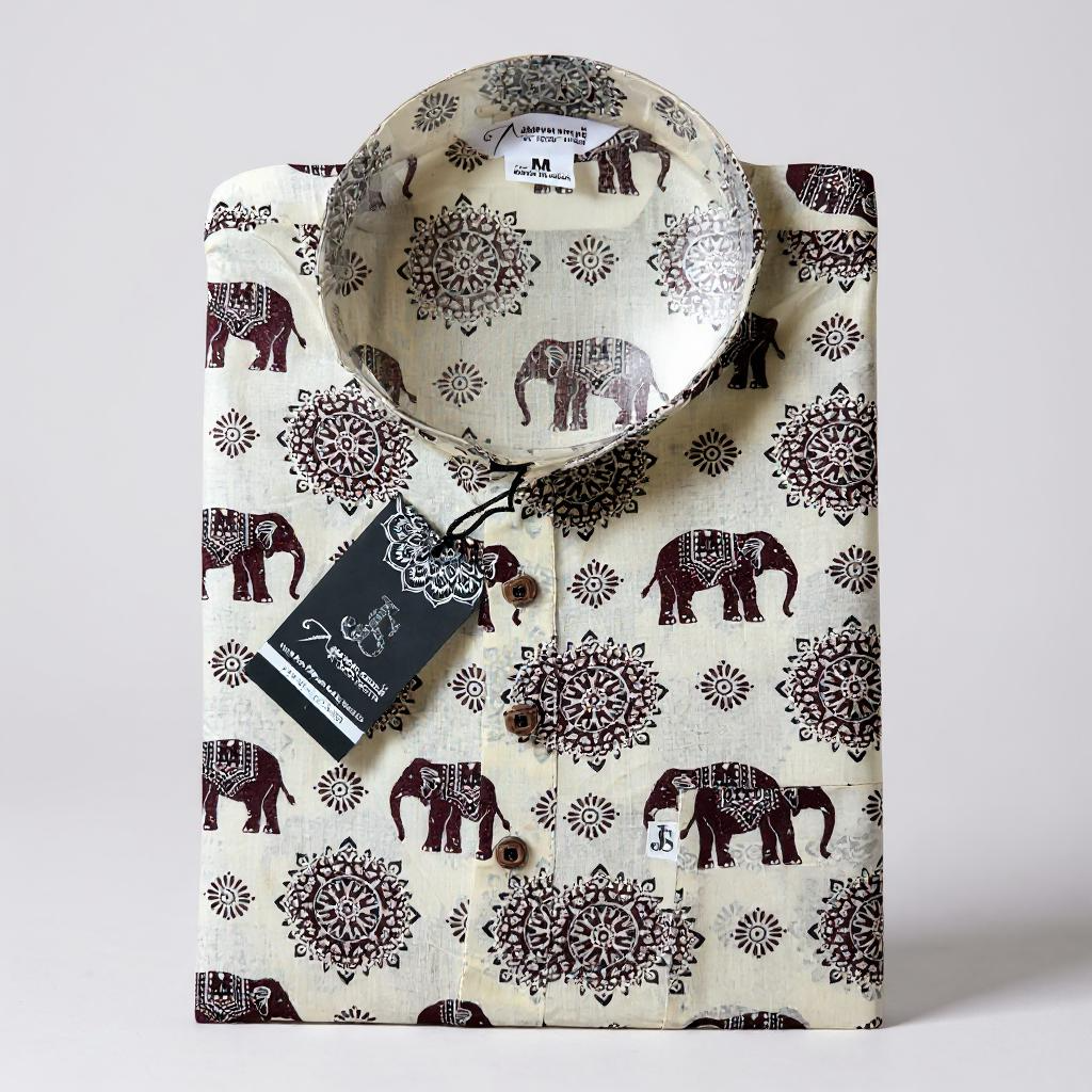 Maroon Elephant & Floral Block Printed Full Sleeves Short Kurta for Men