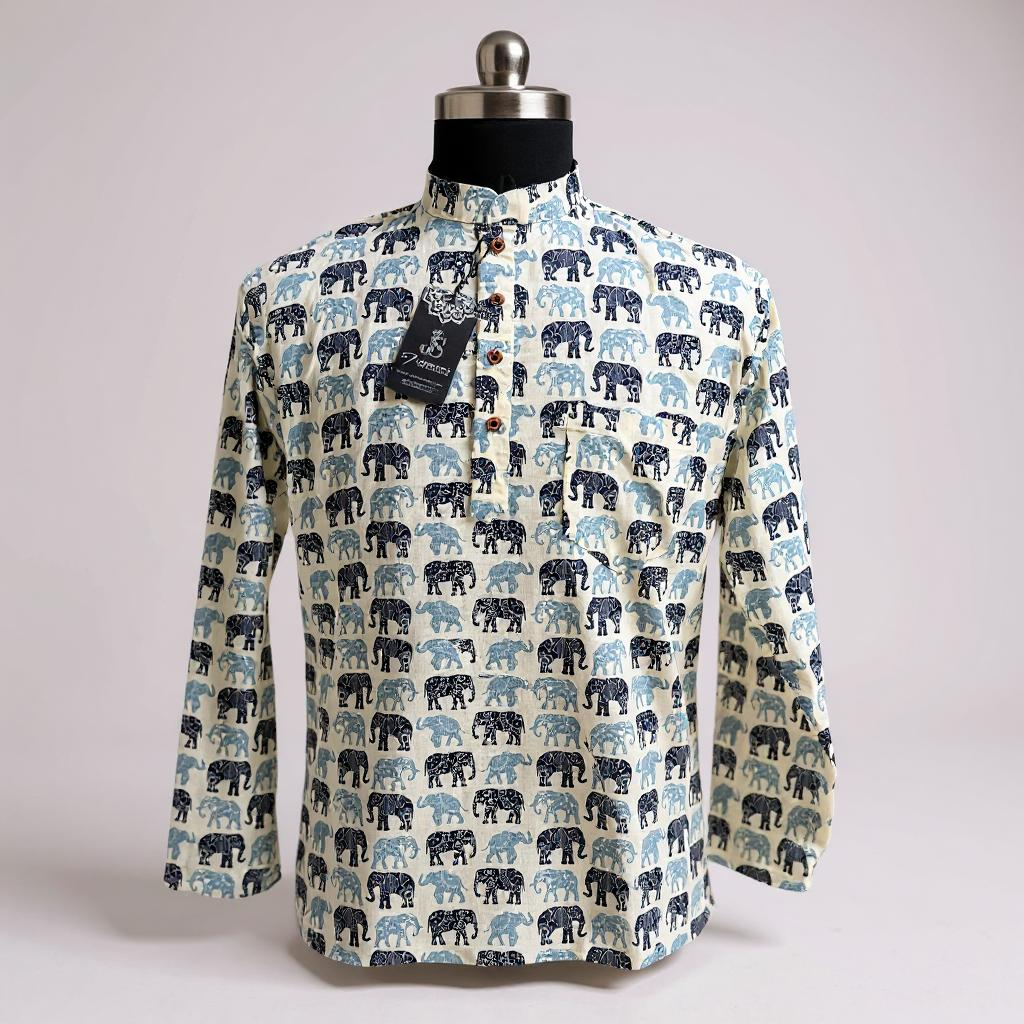 Dark and Light Blue Elephant Printed Full Sleeves Short Kurta for Men