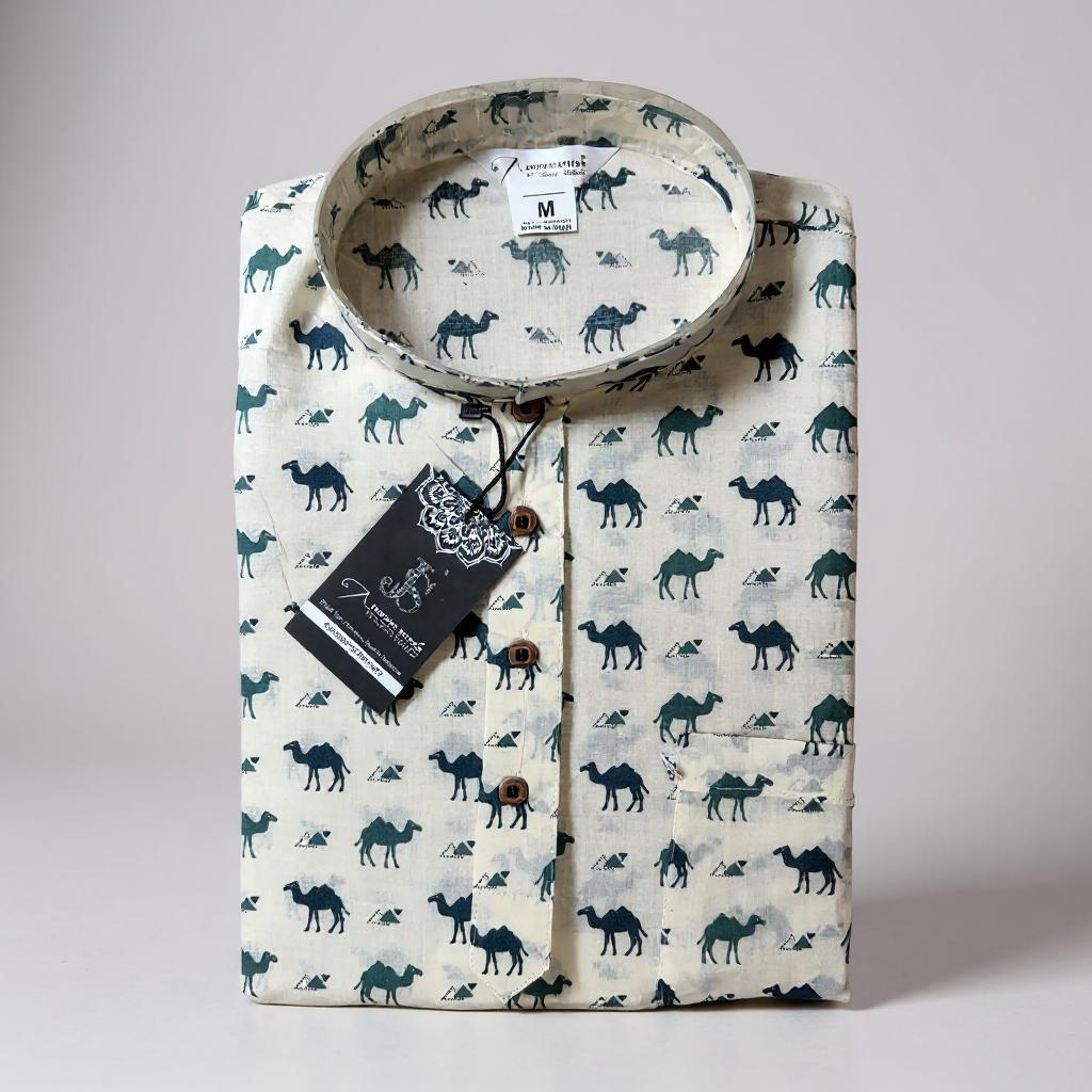 Blue & White Camel Printed Full Sleeves Short Kurta for Men