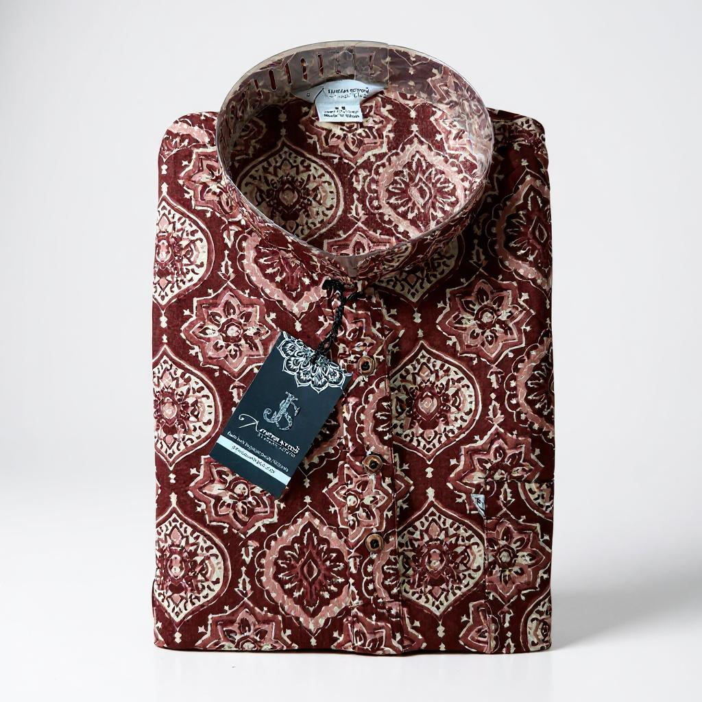 Maroon Ajrak Motif Printed Full Sleeves Short Kurta for Men