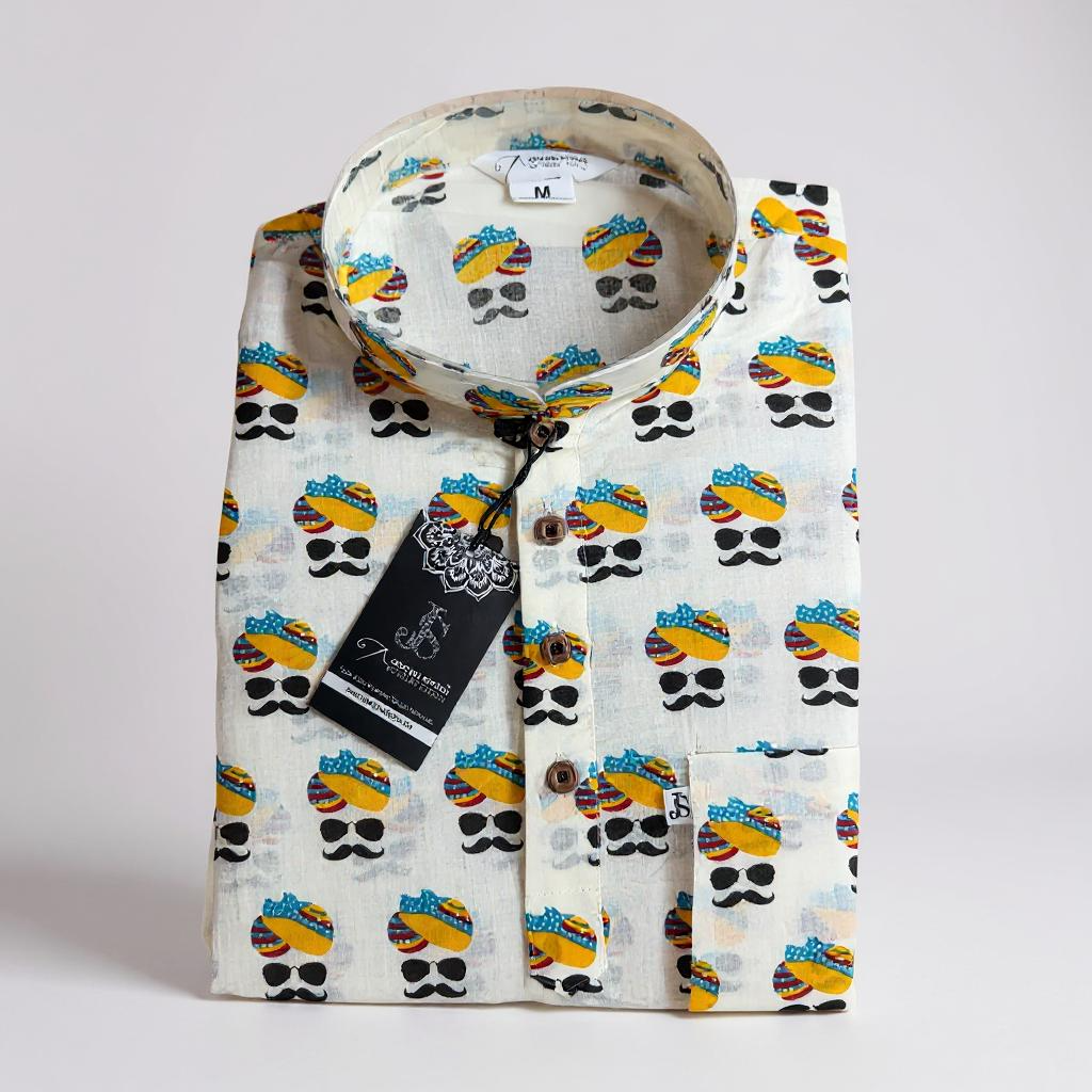 Pagdi Swag Printed Full Sleeves Short Kurta for Men