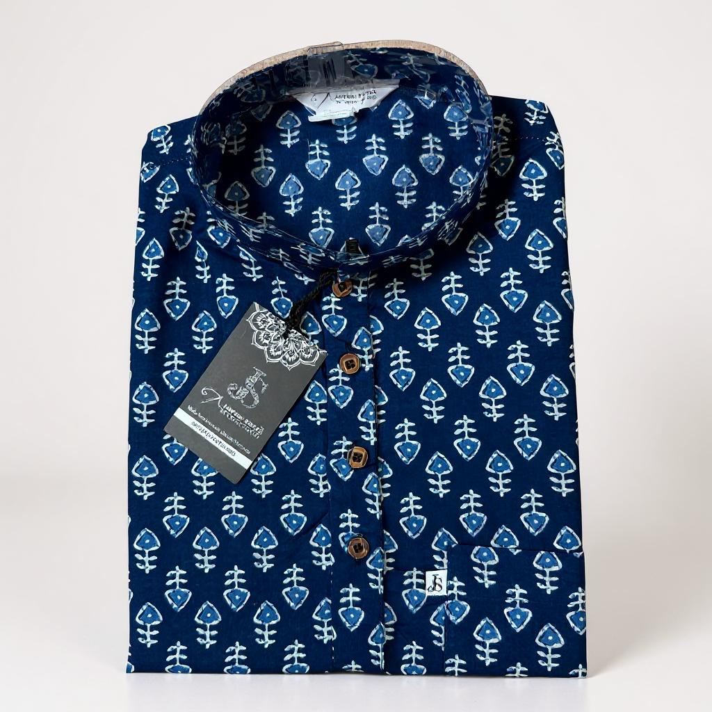 Navy Booti Printed Full Sleeves Short Kurta for Men