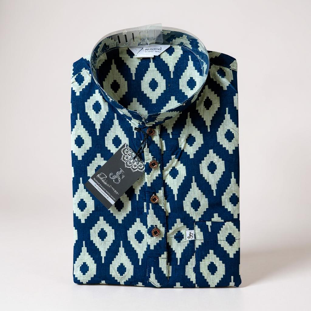 Navy Ikat Printed Full Sleeves Short Kurta for Men