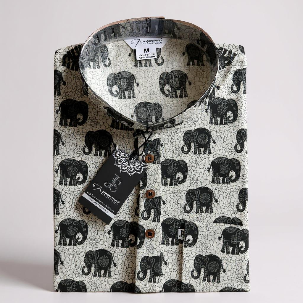 Black Elephant Printed Full Sleeves Short Kurta for Men