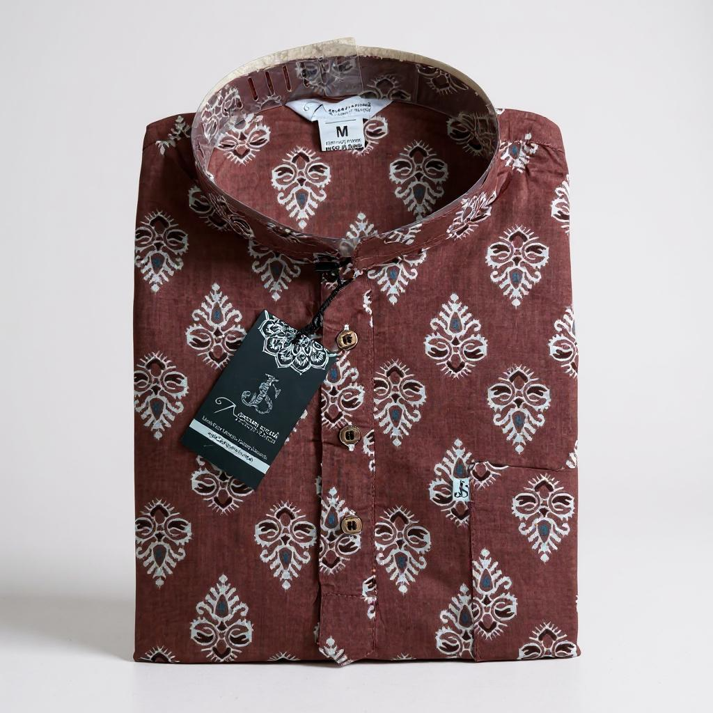 Rust Floral Booti Printed Full Sleeves Short Kurta for Men