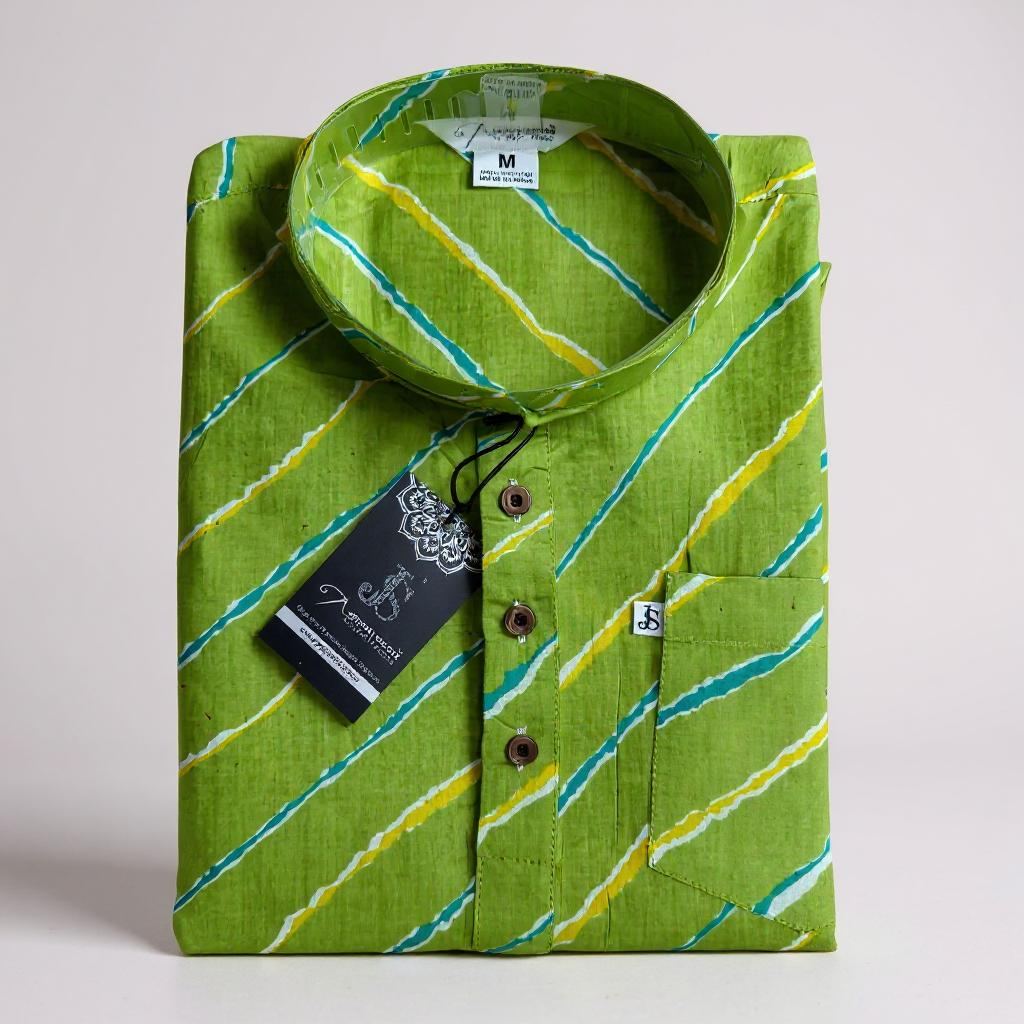 Lime Leheriya Printed Full Sleeves Short Kurta for Men
