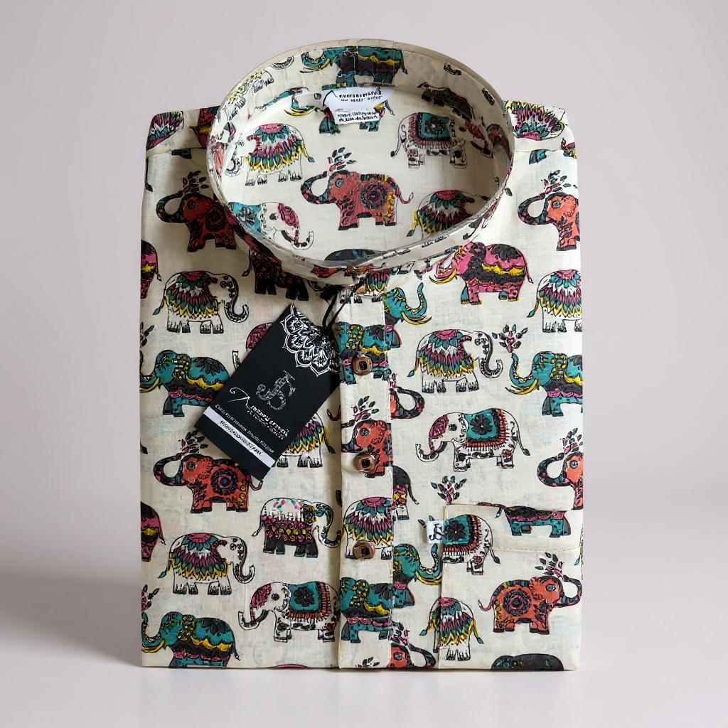 Multicolor Elephant Printed Full Sleeves Short Kurta for Men