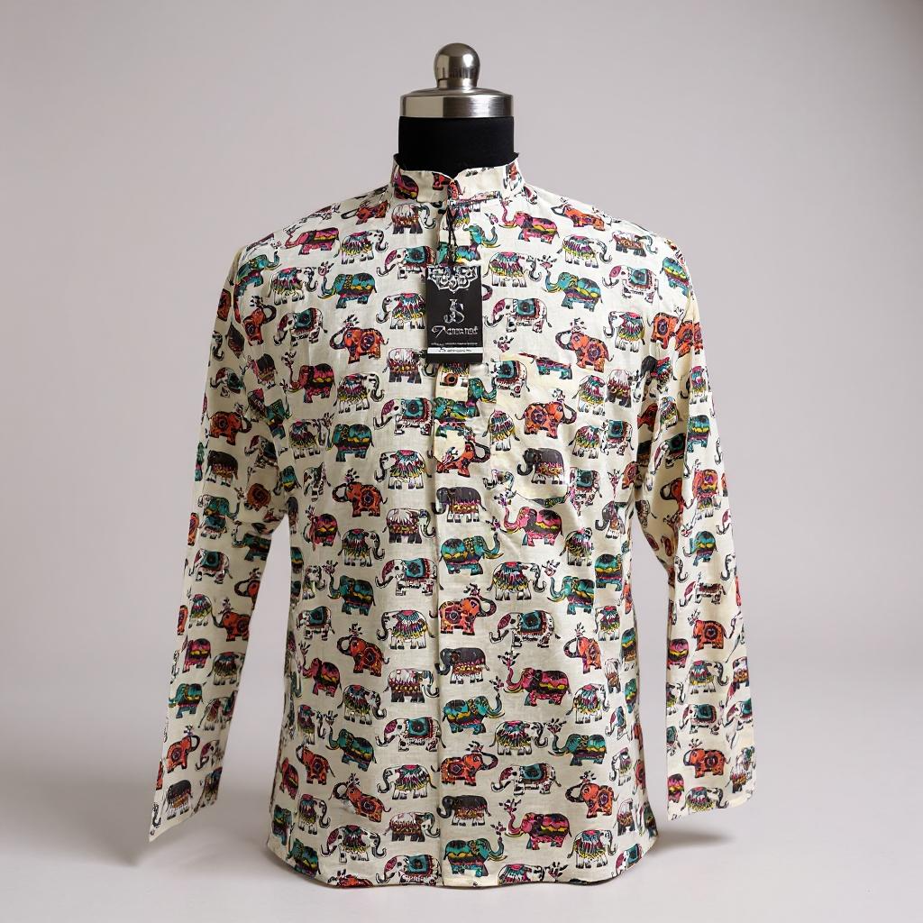Multicolor Elephant Printed Full Sleeves Short Kurta for Men