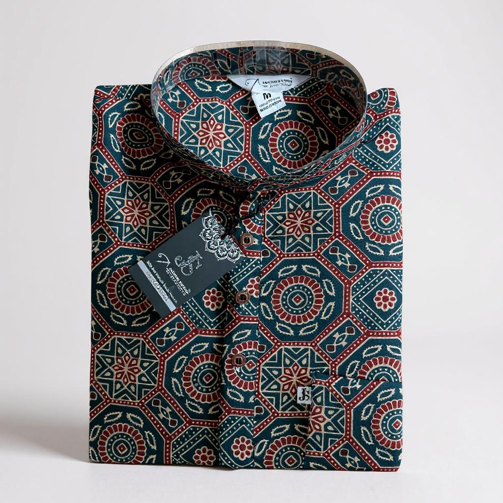 Ajrak Star Motif Printed Full Sleeves Short Kurta for Men