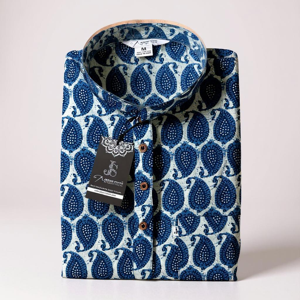Indigo Boota Printed Full Sleeves Short Kurta for Men