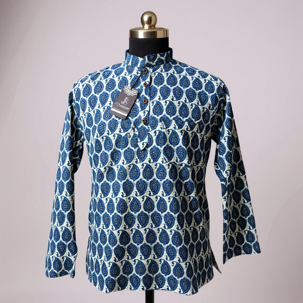 Indigo Boota Printed Full Sleeves Short Kurta for Men