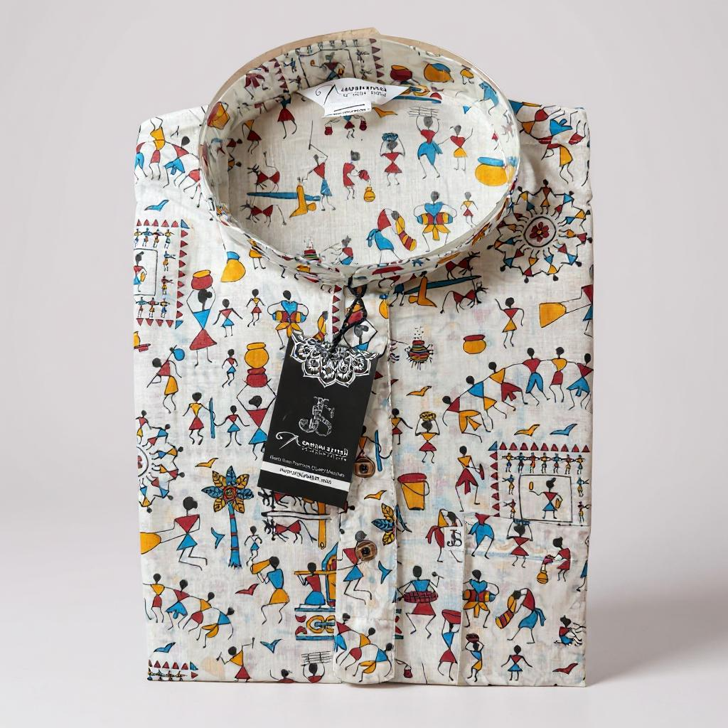 Tribal Warli Printed Full Sleeves Short Kurta for Men