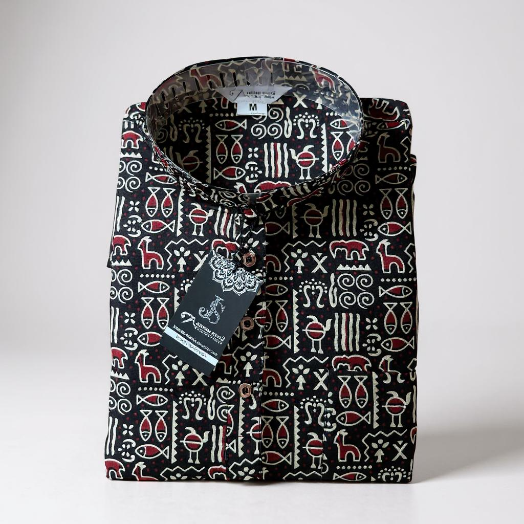 Black Tribal Motif Printed Full Sleeves Short Kurta for Men