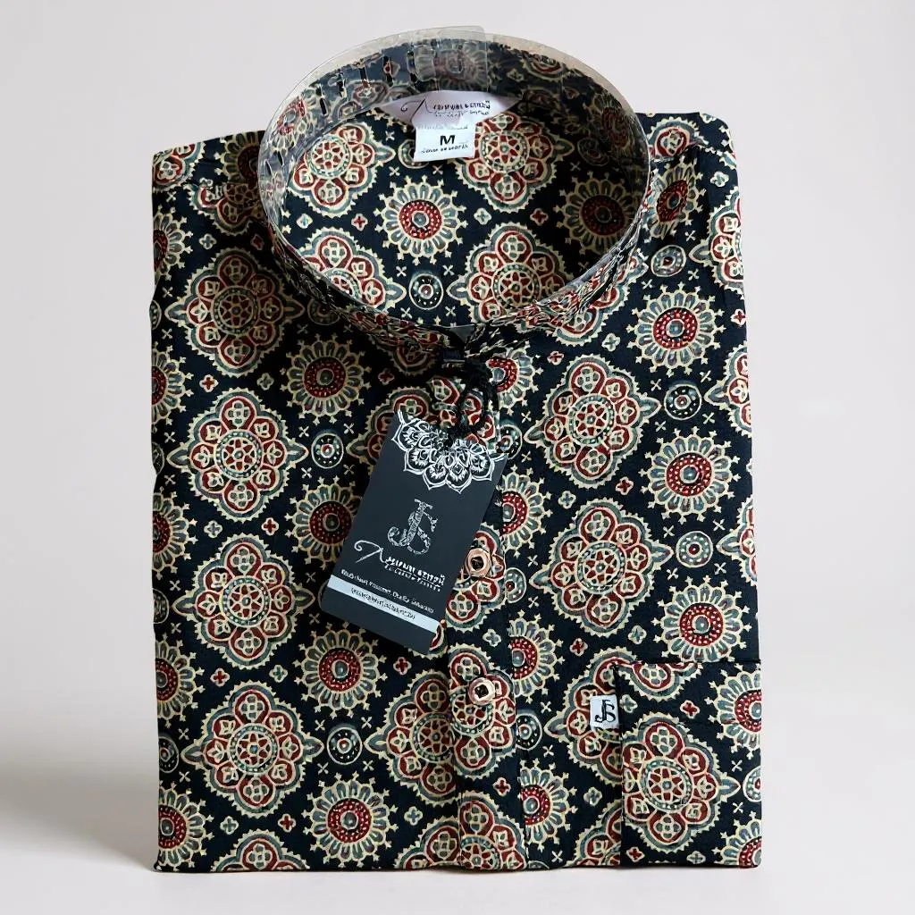 Black Ajrak Motif Printed Full Sleeves Short Kurta for Men