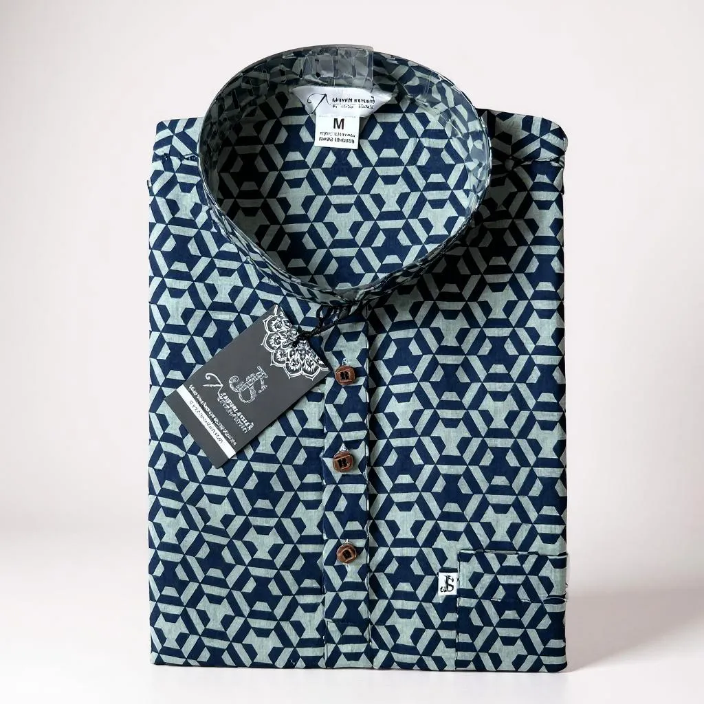 Navy Blue Geometric Star Block Printed Full Sleeves Short Kurta for Men