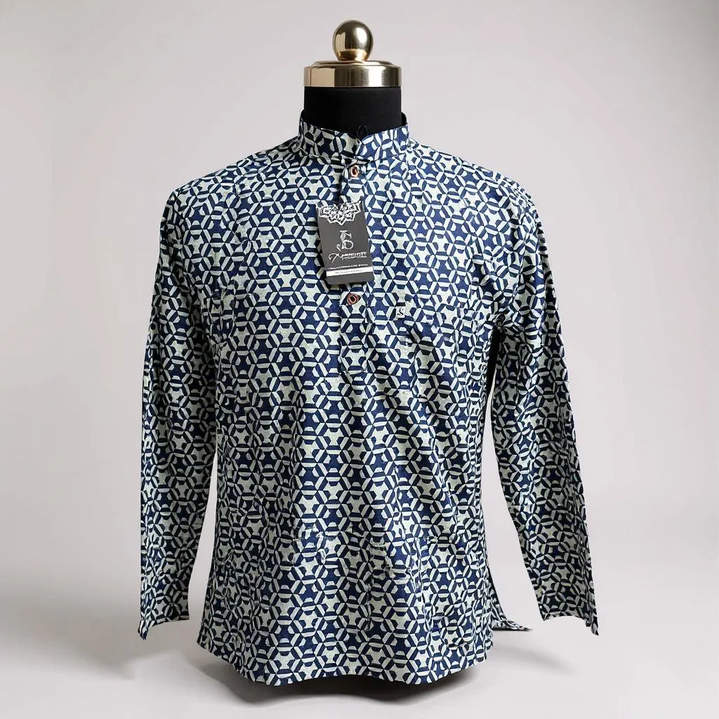 Navy Blue Geometric Star Block Printed Full Sleeves Short Kurta for Men