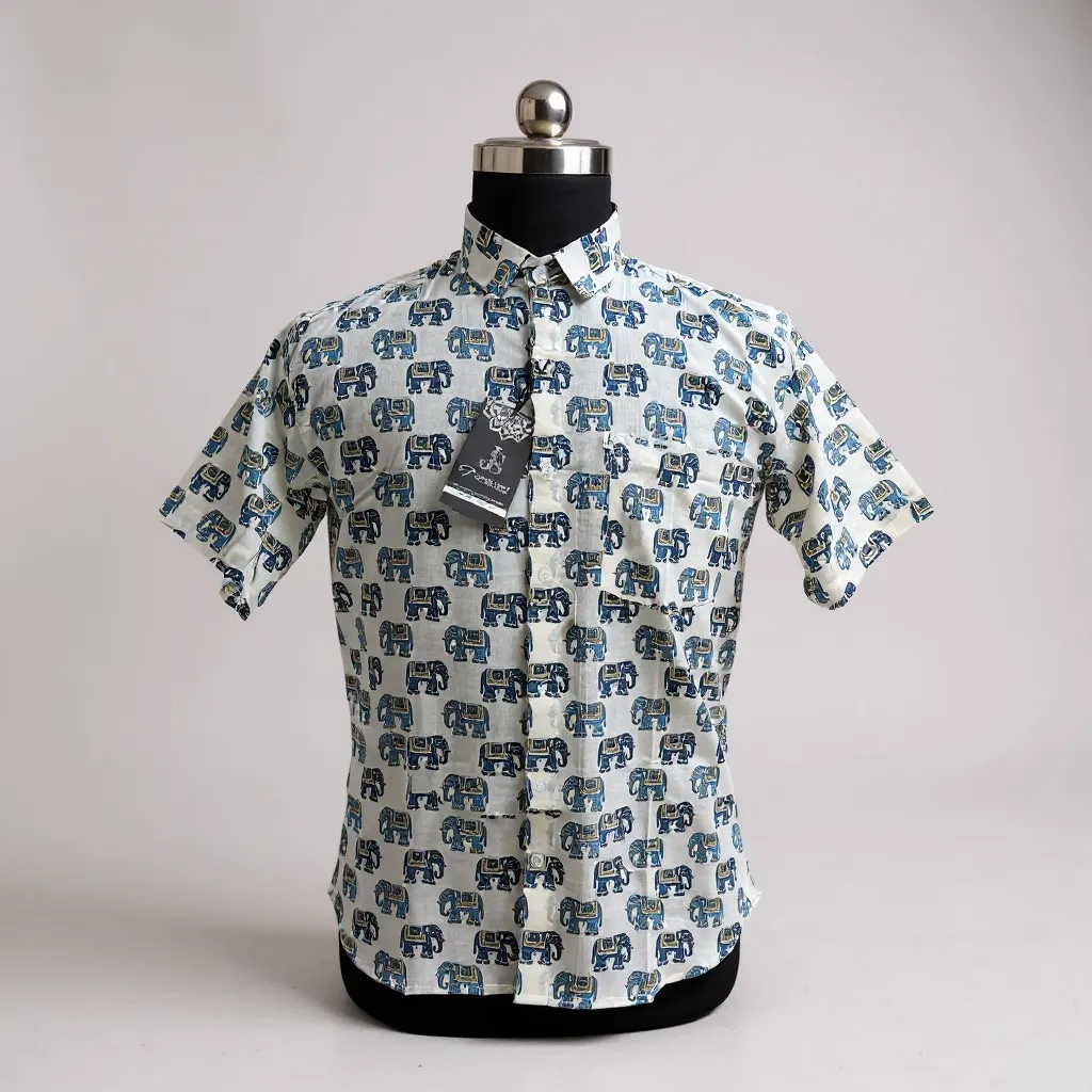 Blue White Mughal Elephant Printed Plus Size Half Sleeves Cotton Shirt