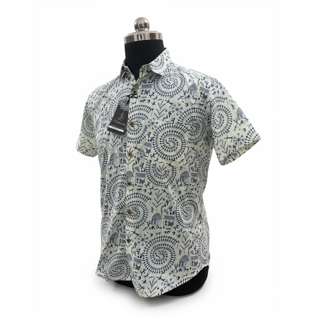 White and Blue Warli Printed Mens Half Sleeves Cotton Shirt