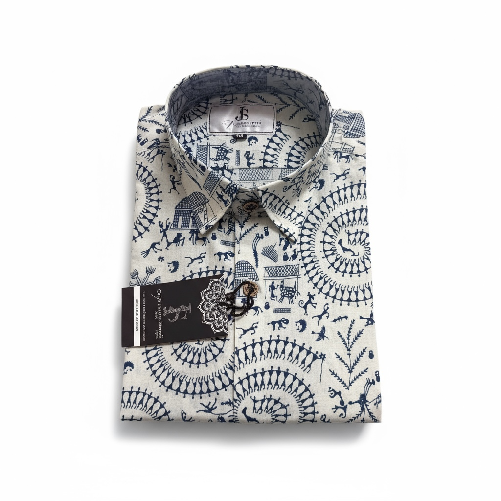 White and Blue Warli Printed Mens Half Sleeves Cotton Shirt