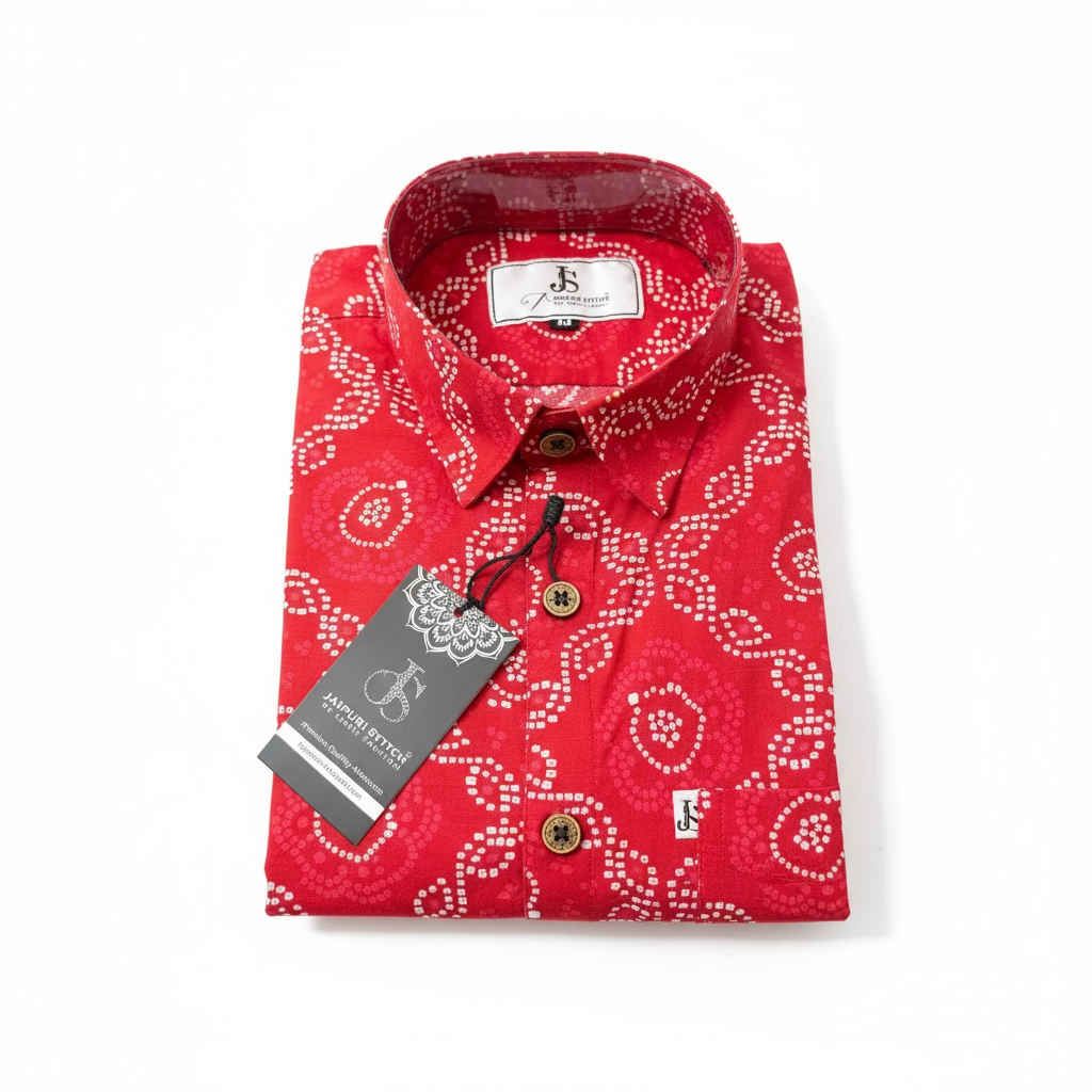 New red Bandhani/Bandhej Printed Mens Half Sleeves Cotton Shirt