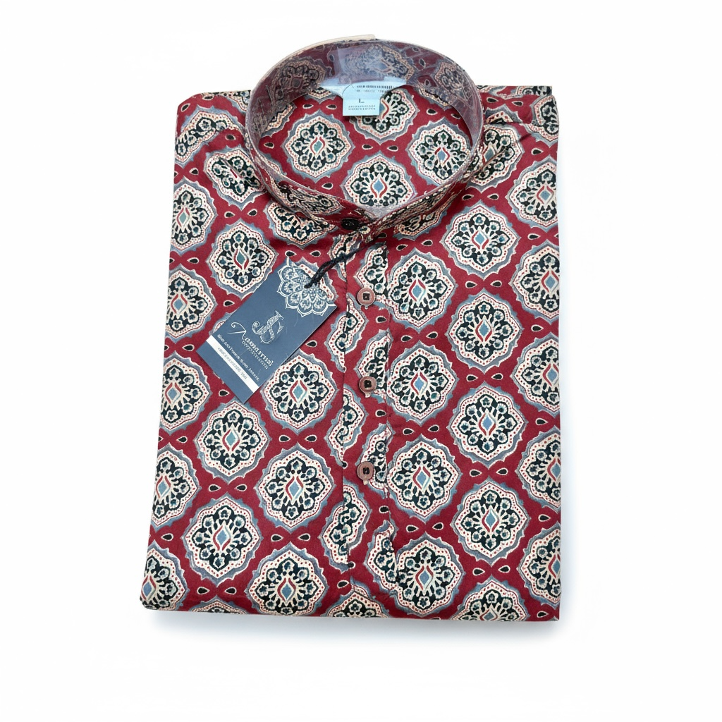 Red Ajrak Jaal Full Sleeves Long Kurta for Men
