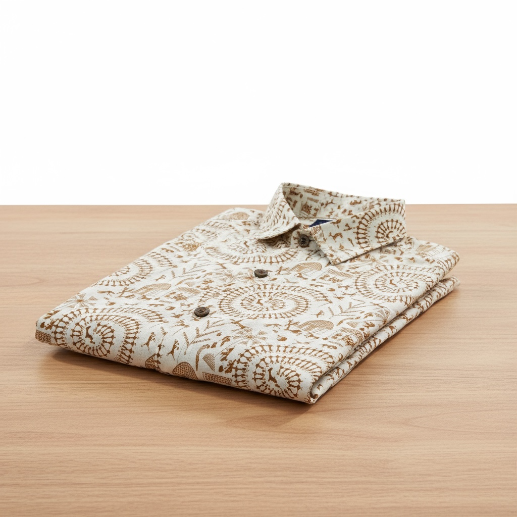 Sand Warli Spiral Printed Plus Size Half Sleeves Cotton Shirt