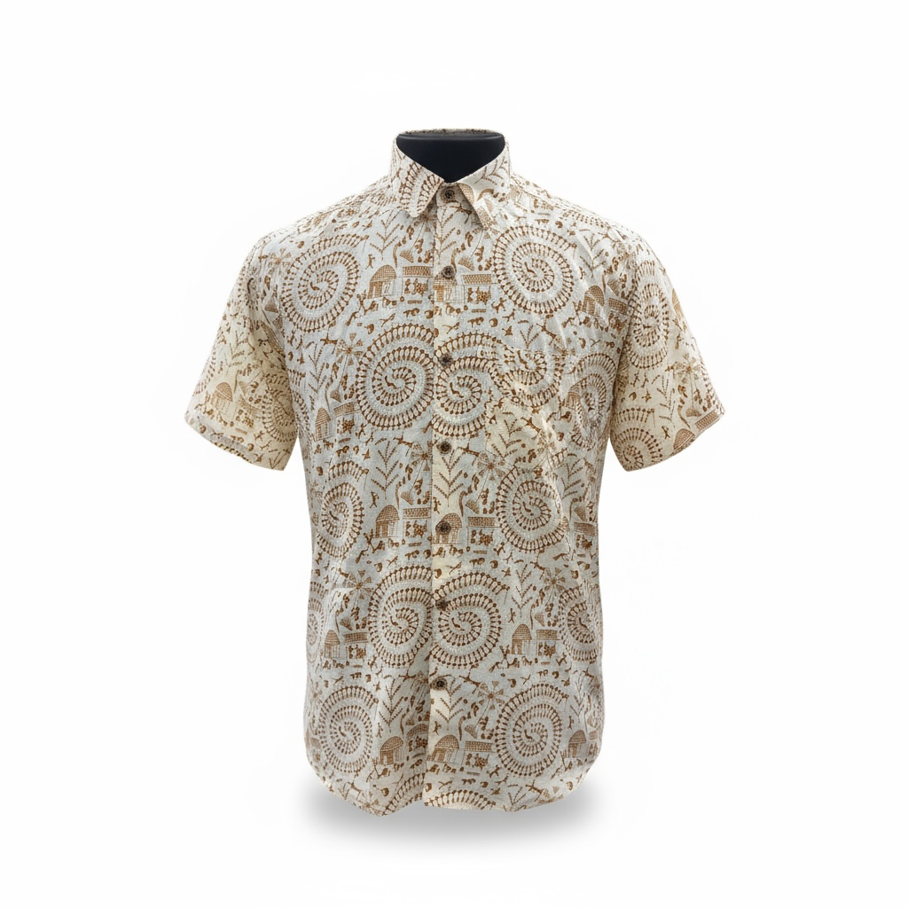 Sand Warli Spiral Printed Plus Size Half Sleeves Cotton Shirt