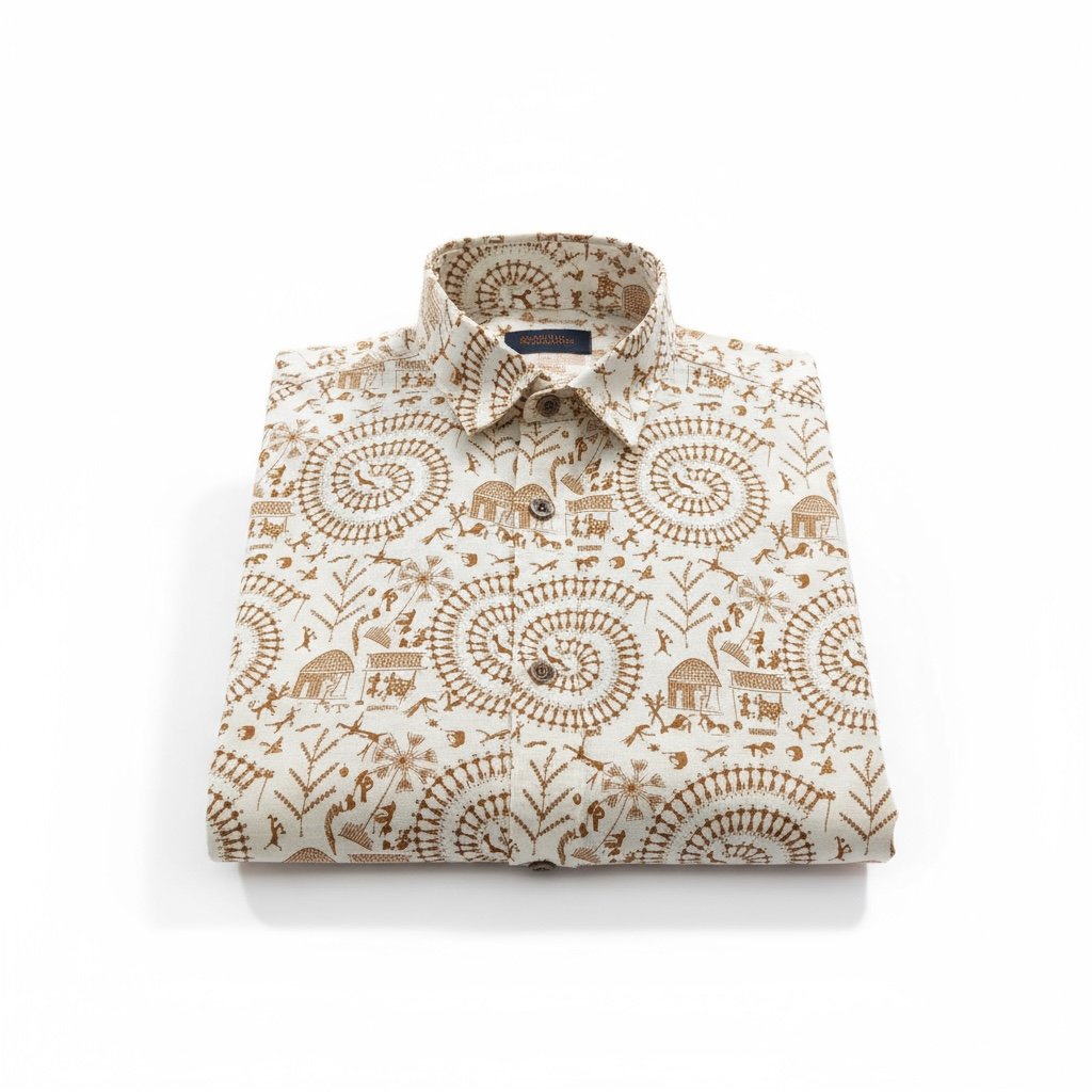 Sand Warli Spiral Printed Plus Size Half Sleeves Cotton Shirt