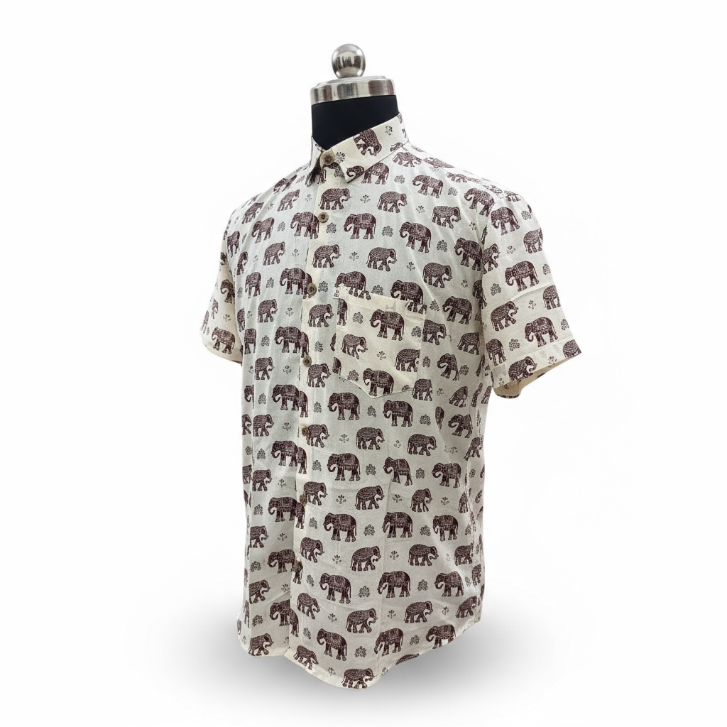 Maroon Ivory Elephant Printed Plus Size Half Sleeves Cotton Shirt