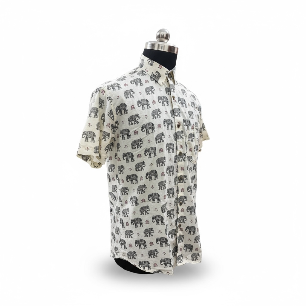 Ivory Grey Elephant Printed Plus Size Half Sleeves Cotton Shirt