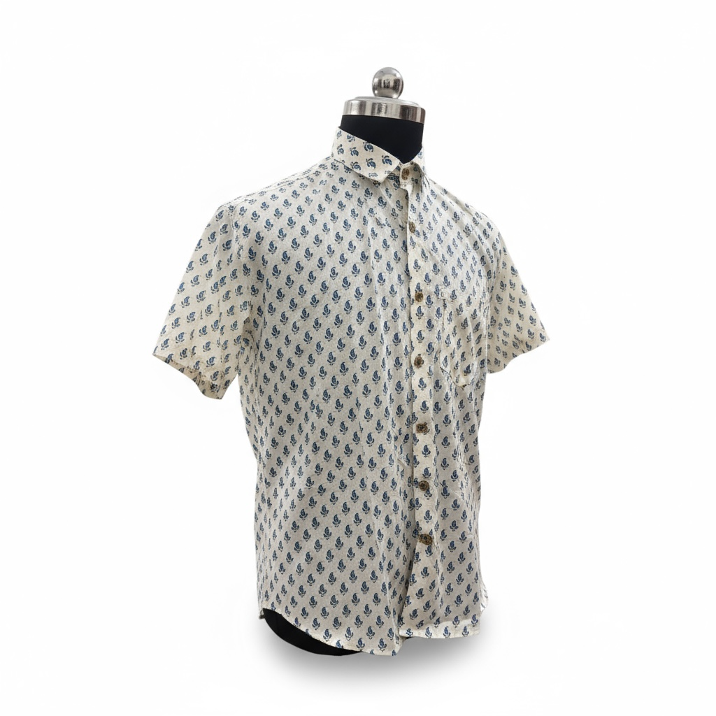 White Blue Booti Printed Plus Size Half Sleeves Cotton Shirt