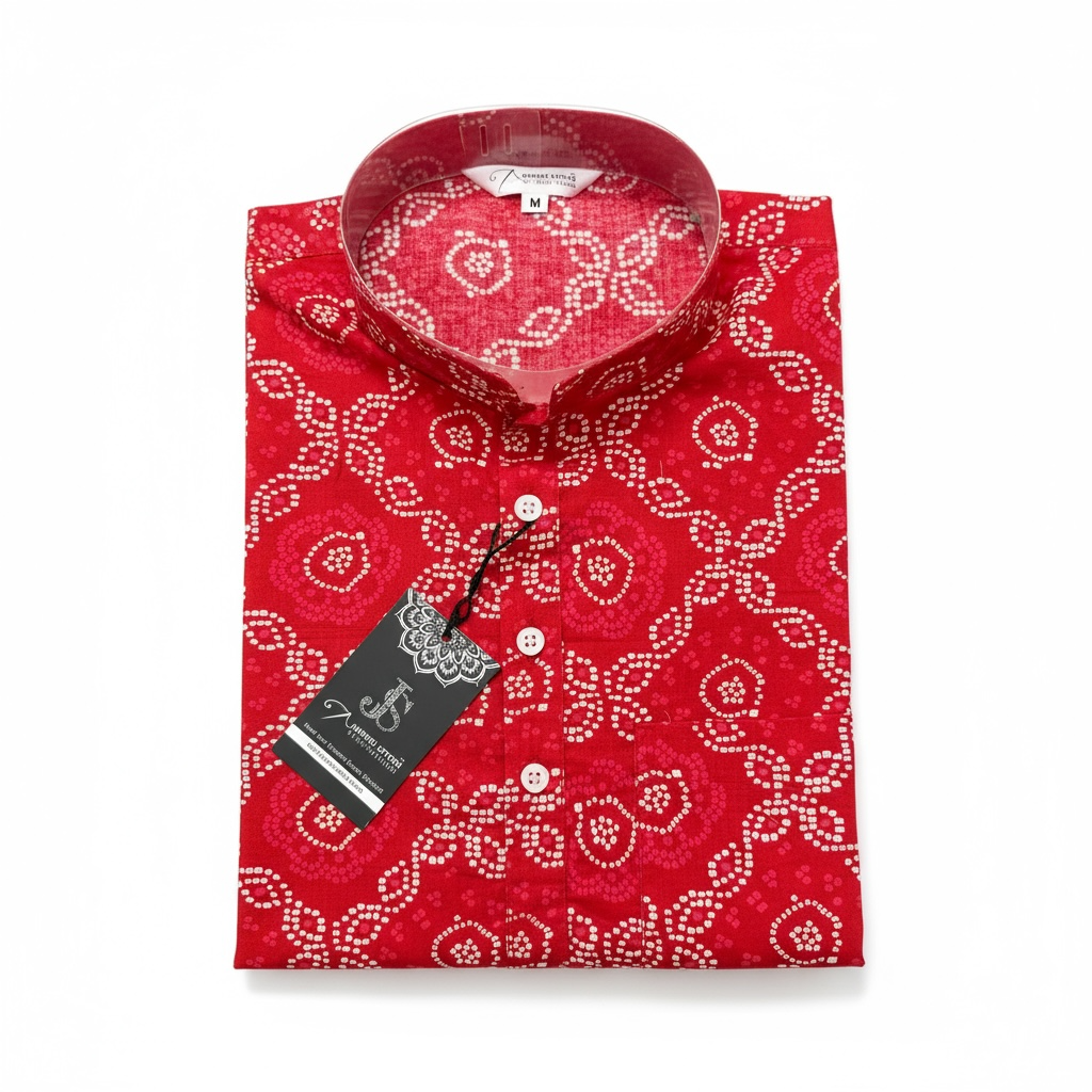 Red Bandhej Printed Full Sleeves Short Kurta for Men