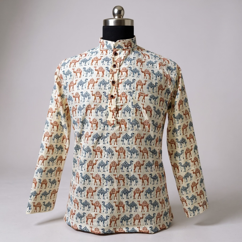 Camel Caravan Printed Full Sleeves Short Kurta for Men
