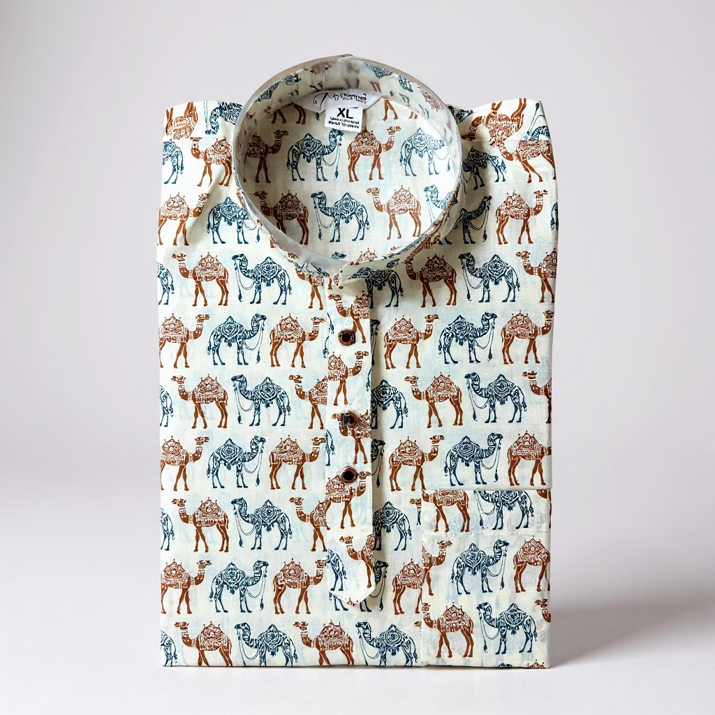 Camel Caravan Printed Full Sleeves Short Kurta for Men