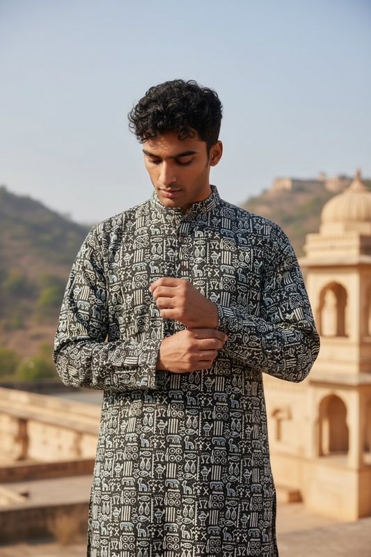 Black And White Tribal Printed Full Sleeves Long Kurta for Mens