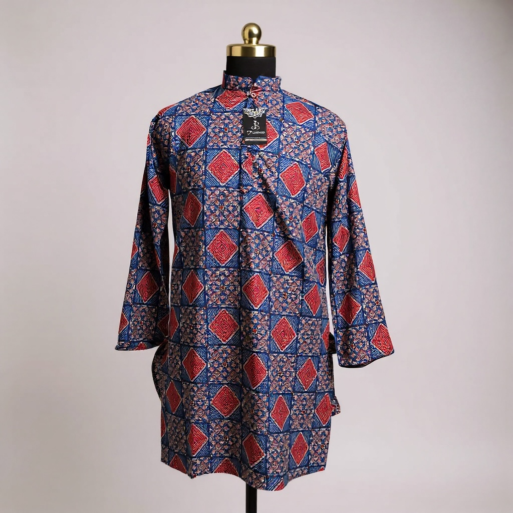 Blue And Red Geometric Printed Full Sleeves Long Kurta for Mens